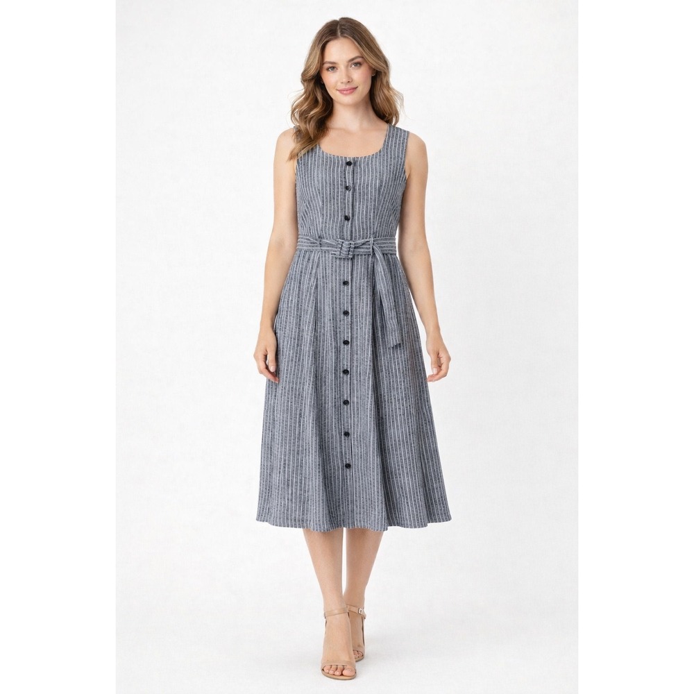 Banana Republic Linen Blend Midi Dress Size 6 Gray Striped Square Neck Belted